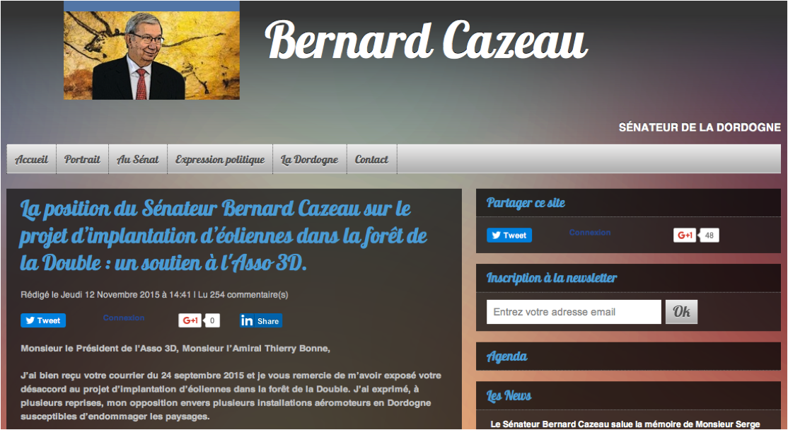 Le sénateur Bernard Cazeau soutient Asso3D contre les éoliennes dans la forêt de la Double