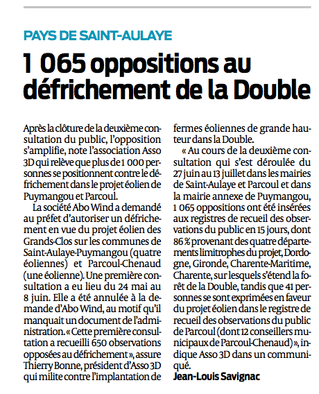 1065 oppositions au
défrichement de la Double pour un projet éolien à Puymangou et Parcoul