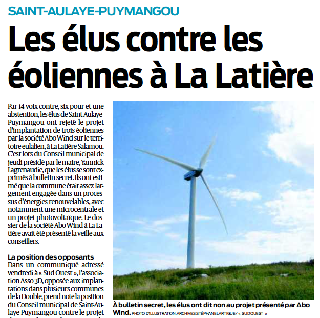 Saint-Aulaye-Puymangou : Les élus contre les éoliennes à La Latière