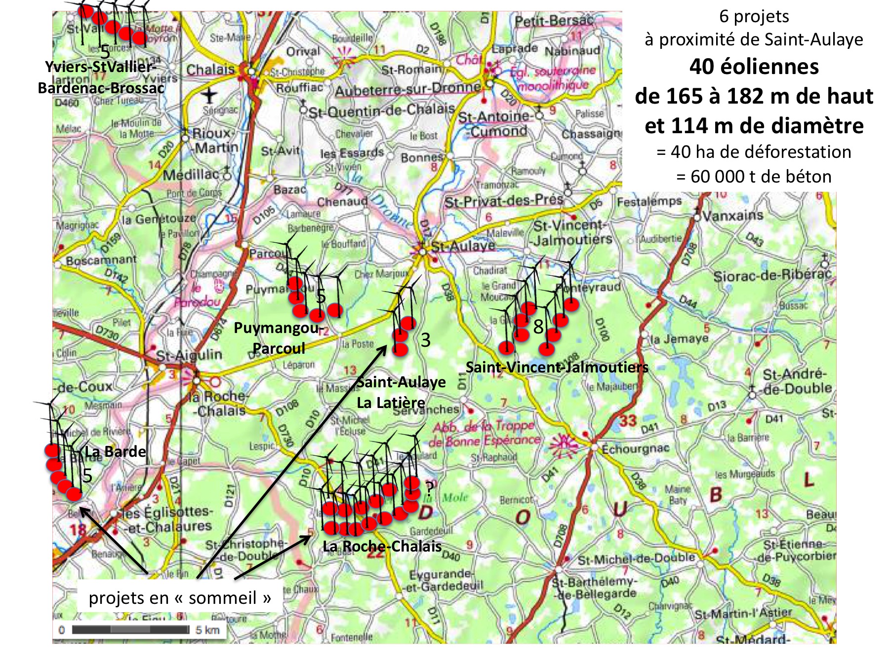Risque d'encerclement de Saint-Aulaye, petite cité de caractère, par 40 éoliennes