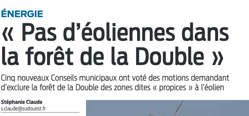 Cartographie de l'éolien : pas d'éoliennes dans la forêt de la Double