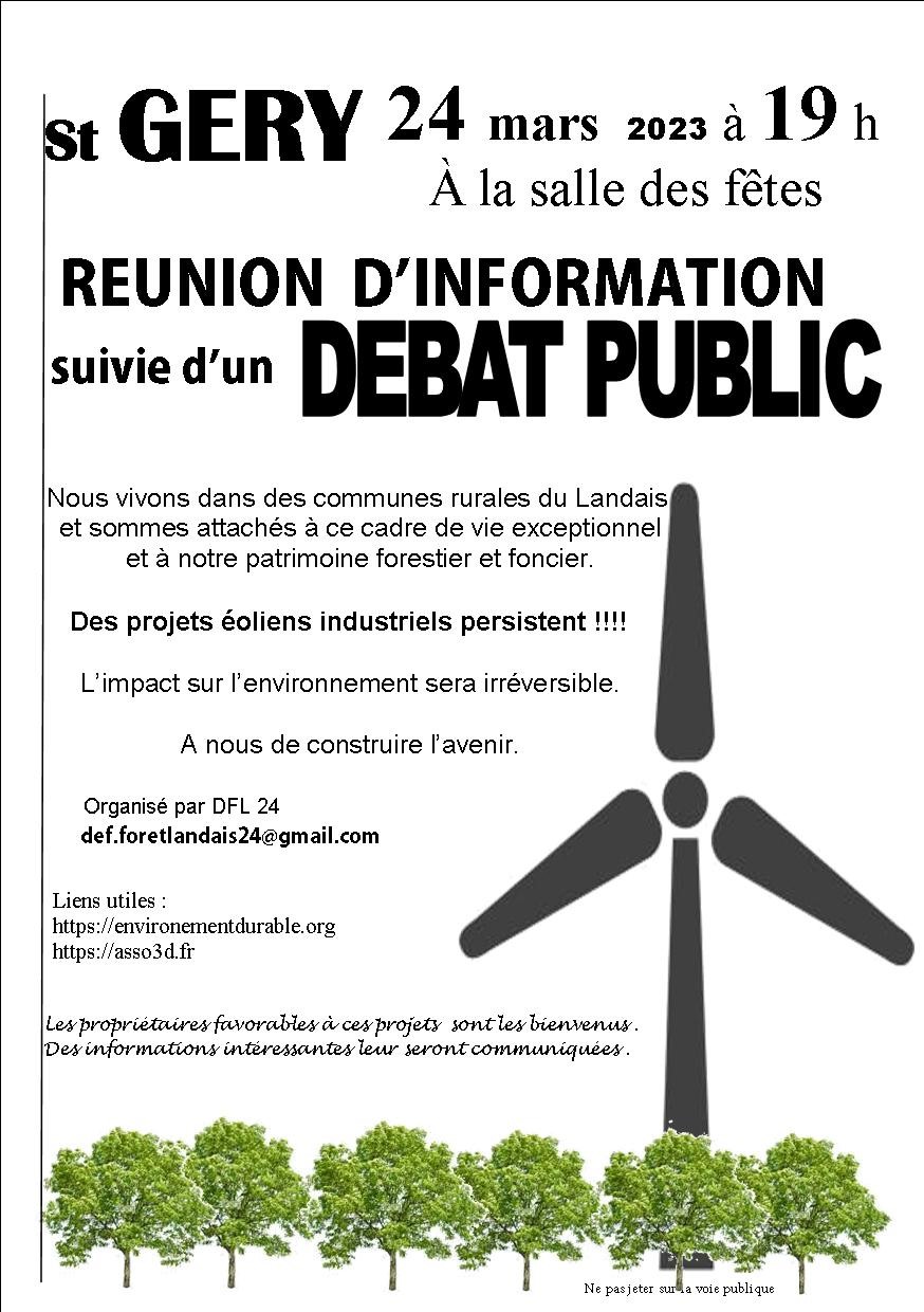 Eoliennes dans la forêt du Landais : Réunion publique le 19 mars à 19 heures à Saint-Géry
