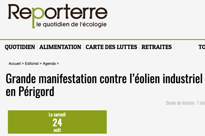 Reporterre : Grande manifestation contre l'éolien industriel en Périgord