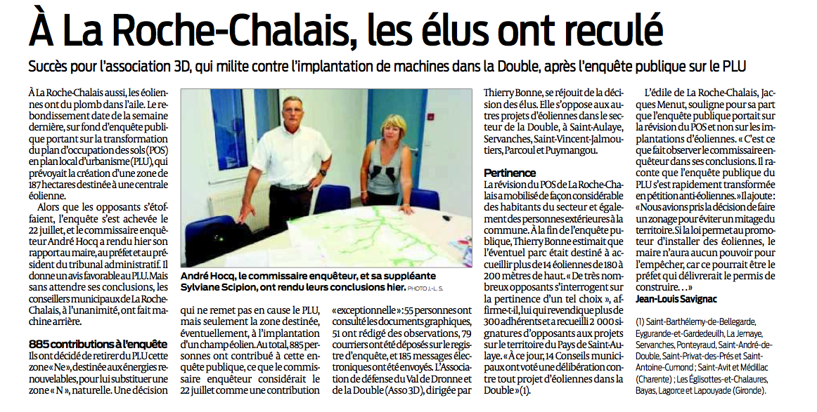 Eoliennes : La Roche-Chalais recule devant l'opposition.