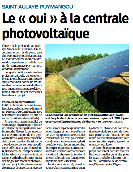 Une centrale photovoltaïque à Saint-Aulaye-Puymangou acceptée par la population