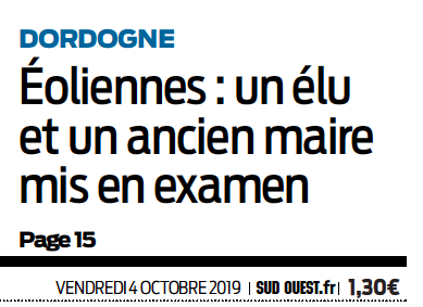 A la une de Sud Ouest : Eoliennes, deux maires mis en examen