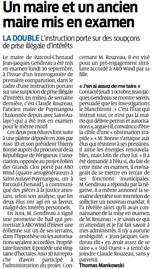 Eoliennes : mises en examen deux de élus
