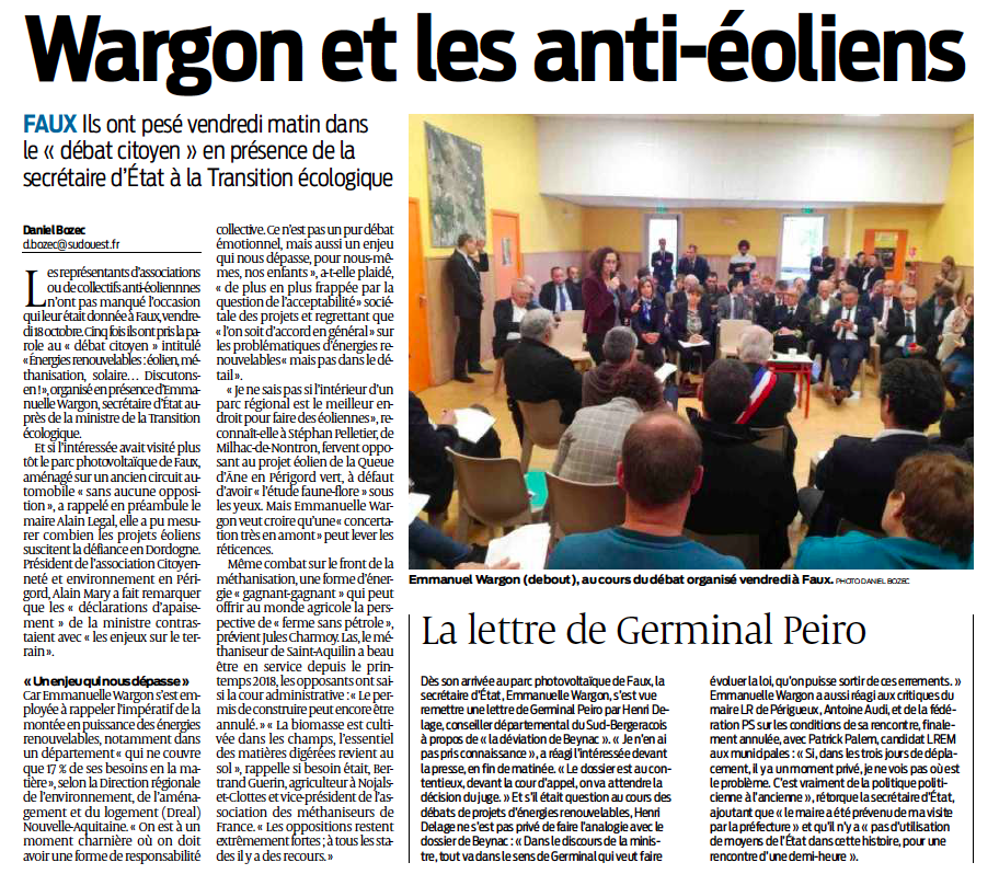 Emmanuelle Wargon et les anti-éoliens de la Dordogne