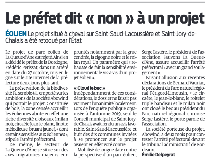 Le préfet dit non au projet éolien de La Queue d'Ane